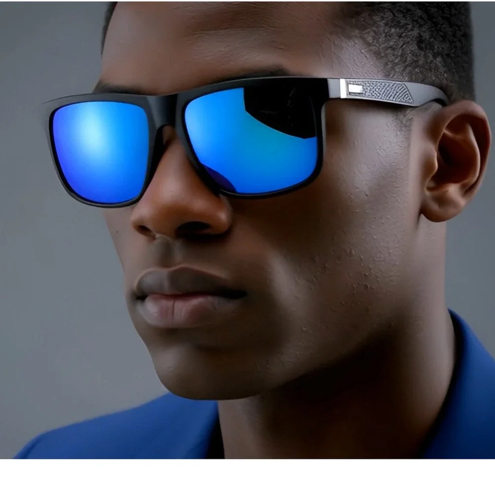 Polarized Sunglasses Men Driving‎ Fishing Square Frame Blue Mirror Lens Gafas